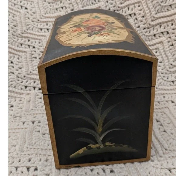 Vintage Hand Painted Floral Wooden Keepsake Chest Black Gold Jewelry Box 9.5in - Picture 7 of 11